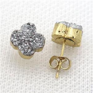 silver druzy agate earring studs, gold plated, approx 10mm
