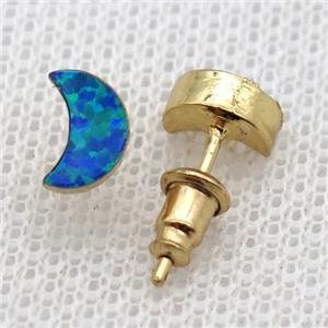 blue synthetic Fire Opal moon Stud Earrings, gold plated, approx 4-8mm