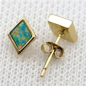 synthetic Fire Opal rhombic Stud Earrings, gold plated, approx 6-9mm