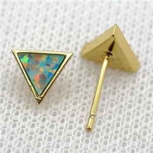 synthetic Fire Opal triangle Stud Earrings, gold plated, approx 8mm