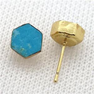 Blue Magnesite Turquoise Stud Earring Hexagon Gold Plated, approx 8mm