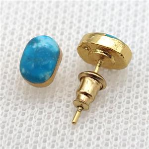 Blue Magnesite Turquoise Stud Earring Oval Gold Plated, approx 6-8mm