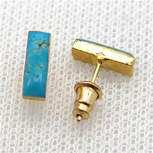 Blue Magnesite Turquoise Stud Earring Rectangle Gold Plated, approx 10mm