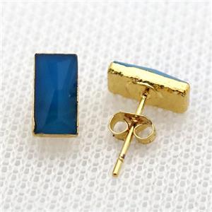 blue crystal glass Stud Earrings, rectangle, gold plated, approx 5-10mm
