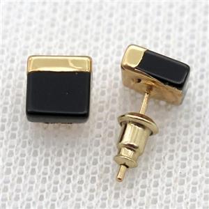 black Onyx Agate Stud Earrings, square, gold plated, approx 7mm