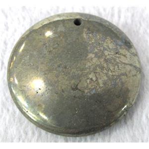 natural Pyrite pendant, flat-round, approx 40mm dia