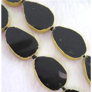 black agate bead, teardrop, gold plated, approx 20-25mm