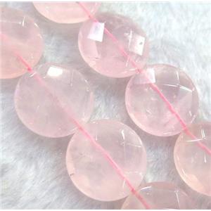 rose quartz bead, faceted flat-round, approx 18mm dia
