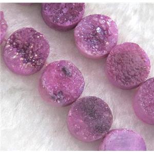 druzy quartz bead, flat round, hot-pink, approx 12mm dia, 16pcs per st