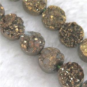 druzy quartz bead, flat round, gold electroplated, approx 10mm dia, 20pcs per st