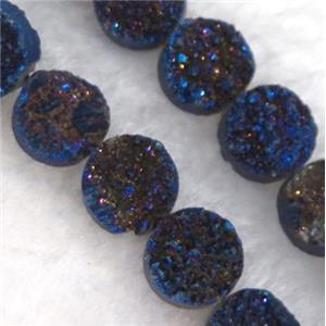 druzy quartz bead, flat round, blue electroplated, approx 12mm dia, 16pcs per st