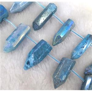 Clear Quartz Beads, bullet, blue electroplated, approx 10-25mm