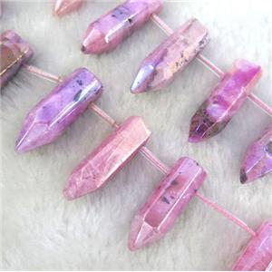 Clear Quartz Beads, bullet, hotpink electroplated, approx 10-25mm