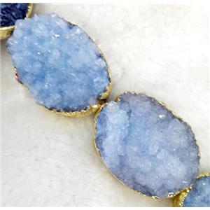 lt.blue druzy quartz beads, oval, gold plated, approx 20x30mm, 6pcs per st