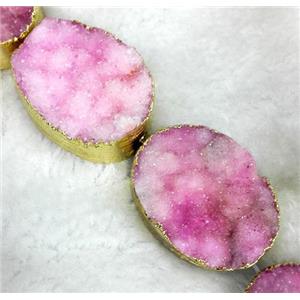 pink Druzy Quartz Beads, oval, gold plated, approx 20x30mm, 6pcs per st