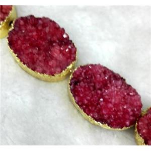 red Druzy Quartz beads, oval, gold plated, approx 20x30mm, 6pcs per st