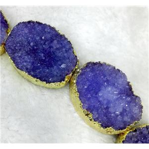 purple quartz druzy beads, oval, gold plated, approx 20x30mm, 6pcs per st