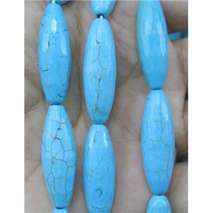 blue turquoise bead, faceted barrel, dyed, approx 10x30mm