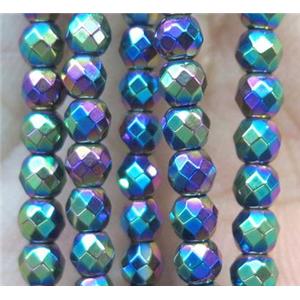 Hematite Beads, faceted round, rainbow electroplated, approx 3mm dia