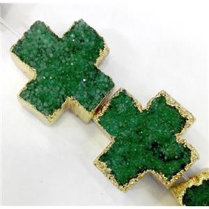 green quartz druzy beads, cross, approx 25x25mm, 6pcs per st