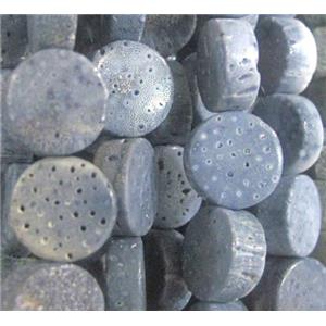blue coral fossil stone bead, flat-round, approx 12mm dia
