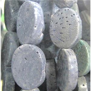 blue coral fossil stone bead, flat-oval, approx 18x25mm