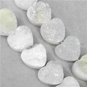 druzy quartz beads, heart, white, approx 12mm dia, 17pcs per st