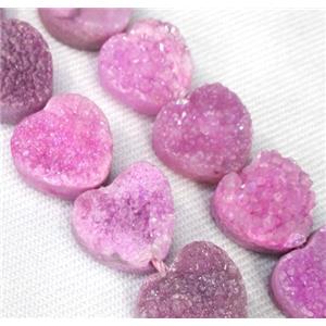 druzy quartz bead, heart, hotpink, approx 12mm dia, 17pcs per st
