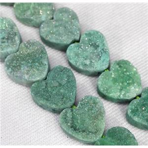 druzy quartz bead, heart, green, approx 12mm dia, 17pcs per st