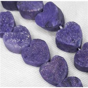 druzy quartz beads, heart, purple, approx 12mm dia, 17pcs per st