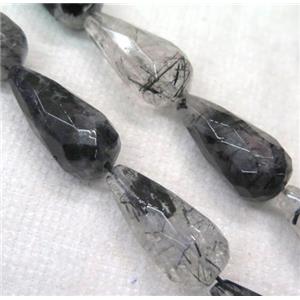 Black Rutilated Quartz Beads, faceted teardrop, approx 12-25mm