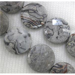 grey picture jasper beads, faceted flat-round, approx 12mm dia