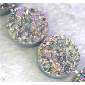 druzy agate bead, flat-round, rainbow electroplated, approx 25mm dia