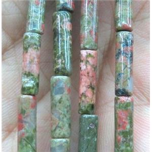 green Unakite tube beads, approx 4x13mm