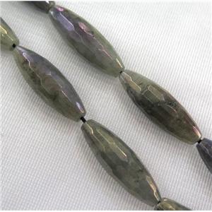 Labradorite bead, faceted rice, AB color, approx 10x30mm