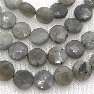 Labradorite bead, faceted coin-round, approx 14mm dia