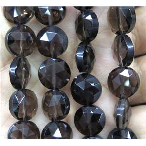 smoky quartz bead, faceted flat-round, approx 8mm dia