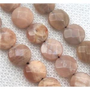 pink moonstone bead, faceted flat round, approx 10mm dia