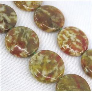 Green Serpentine Jasper Beads, flat-round, approx 20mm dia