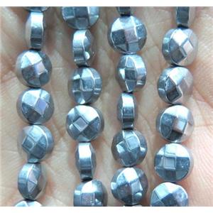 Hematite beads, faceted flat-round, platinum plated, approx 8mm dia