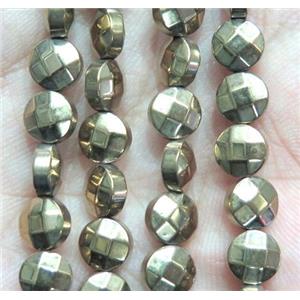 Hematite beads, faceted flat-round, gold plated, approx 4mm dia