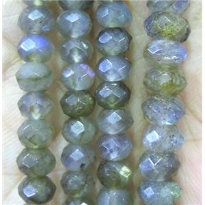 Labradorite beads, faceted rondelle, AA-grade, approx 4x6mm