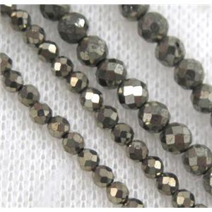 pyrite bead, faceted round, A grade, approx 2mm dia, 15.5 inches