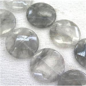 grey cloudy quartz beads, faceted flat-round, approx 35mm dia