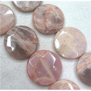 pink Sunstone beads, faceted flat round, approx 35mm dia
