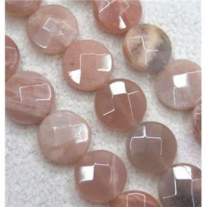 pink Sunstone bead, faceted flat round, approx 12mm dia