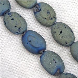8 inch string of druzy agate oval beads, matte, green electroplated, approx 13x18mm