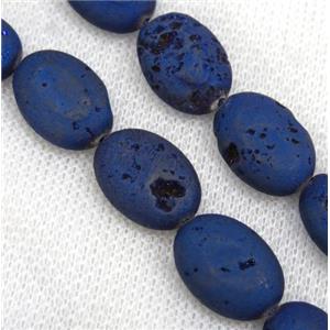 8 inch string of druzy agate oval beads, matte, blue electroplated, approx 13x18mm