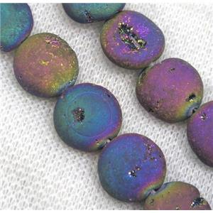 8 inch string of druzy agate beads, flat round, matte, rainbow electroplated, approx 14mm dia