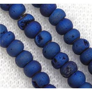 8 inch string of druzy agate rondelle beads, matte, blue electroplated, approx 5x8mm
